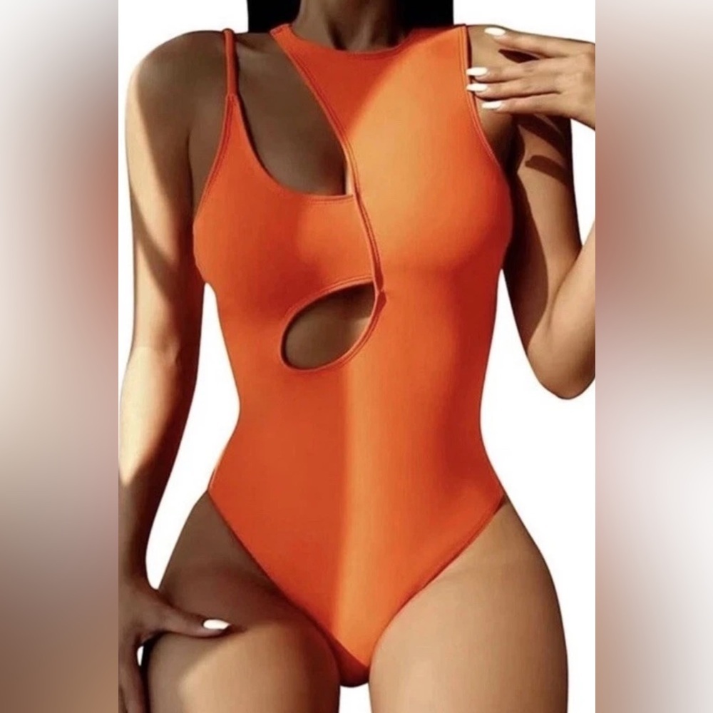 4/$25 Hillinker Swimsuit Padded Orange Keyhole Cut Out Asymmetrical S NWT